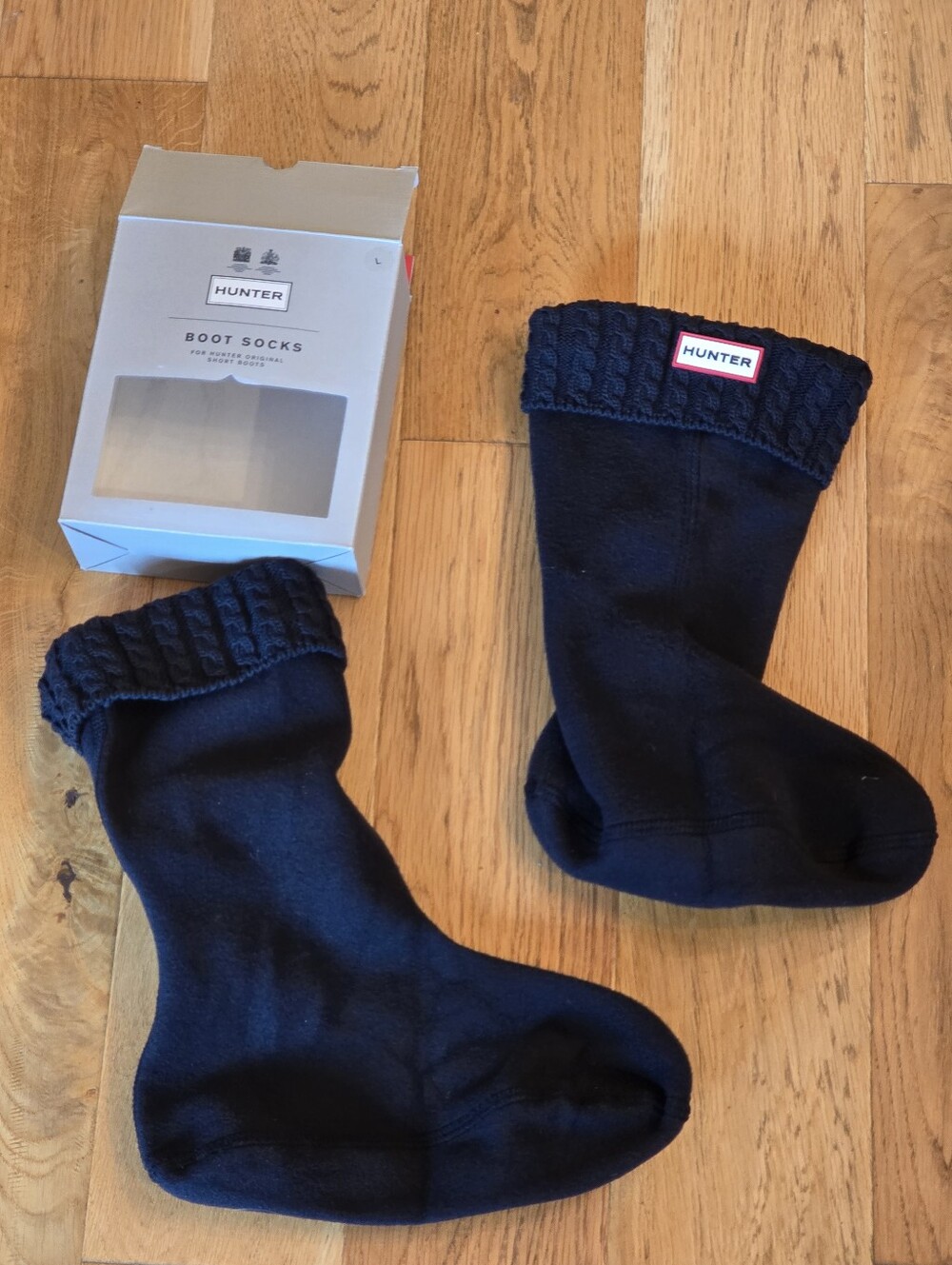 HUNTER Boot Socks Adult Short Black Cable Knit Rainboot Shoe Liners sz L w/Box